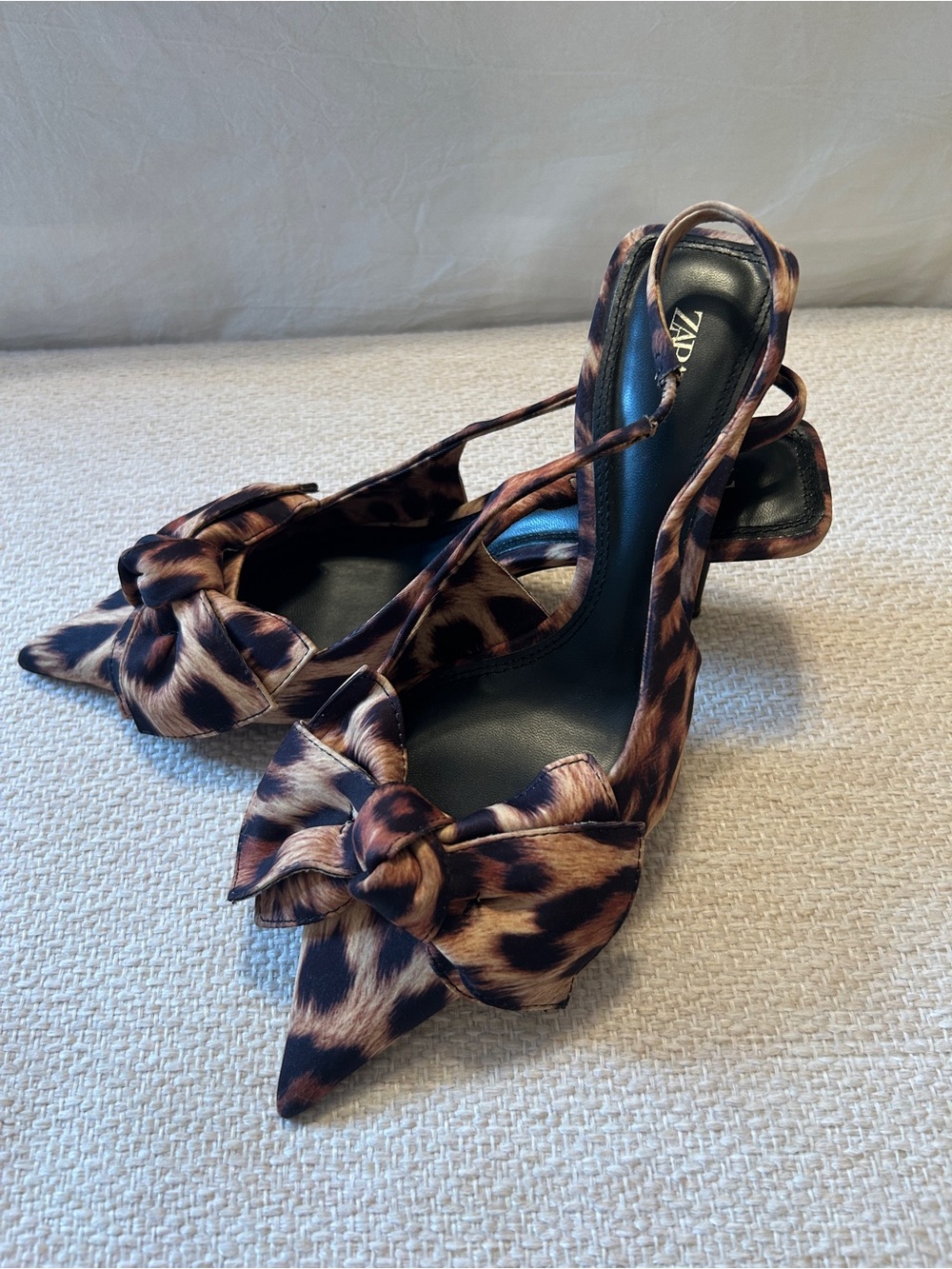 Zara Leopard Print Bow Kitten Heels Animal Print Slingback Statement Pumps